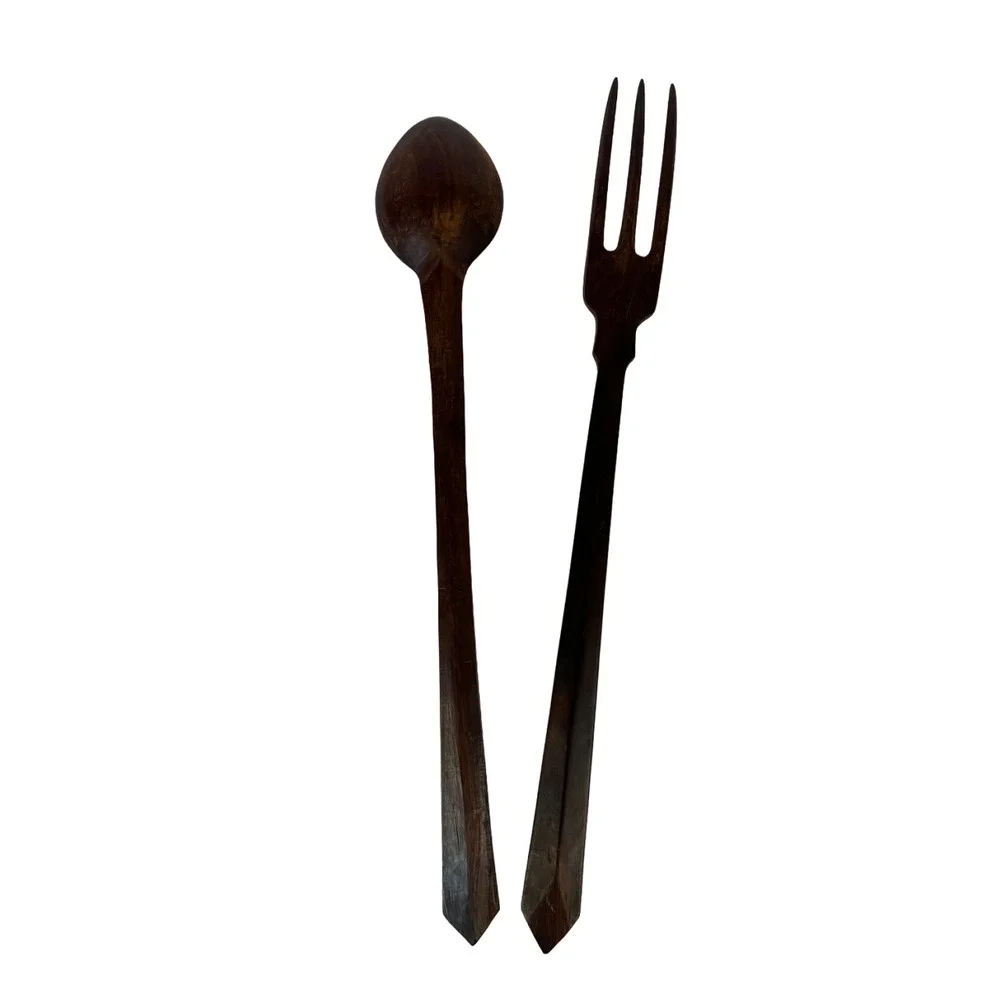Vintage Hand Carved Long Wooden Salad Serving Set Fork Spoon Serving Utensils